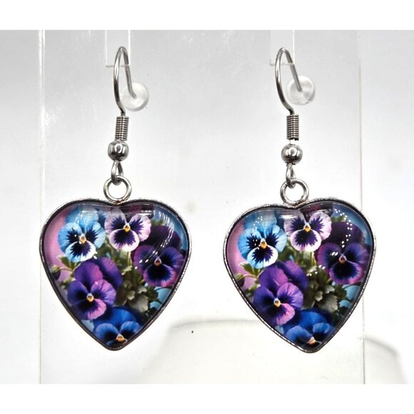 Heart-Shaped Pansy Flower Earrings Silver Tone Dangle - Picture 2 of 3